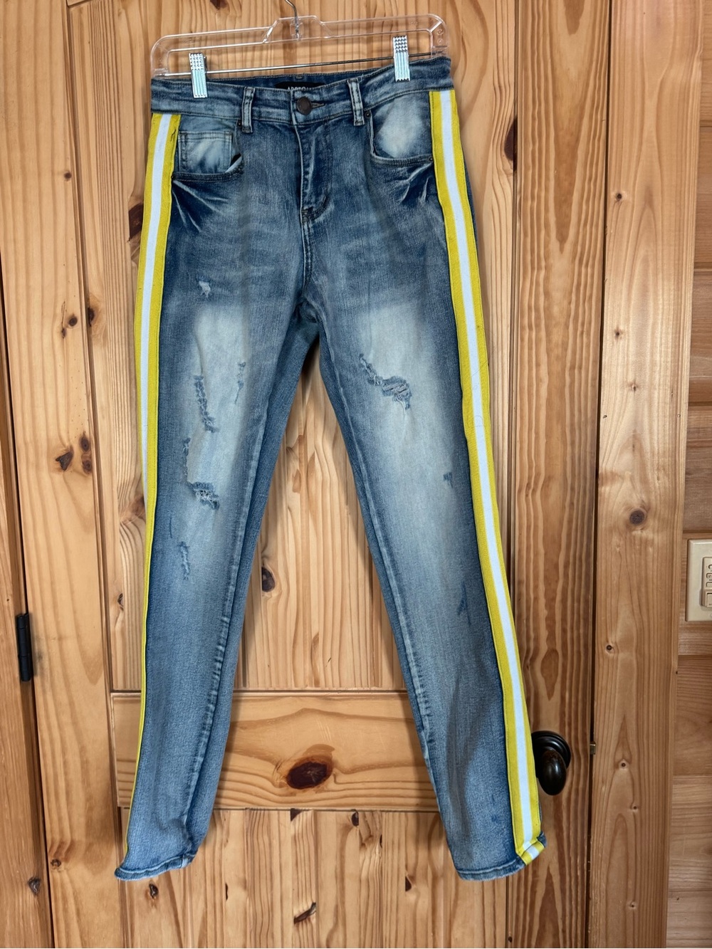 90s style Blue Distressed Jeans with Yellow Side Stripe